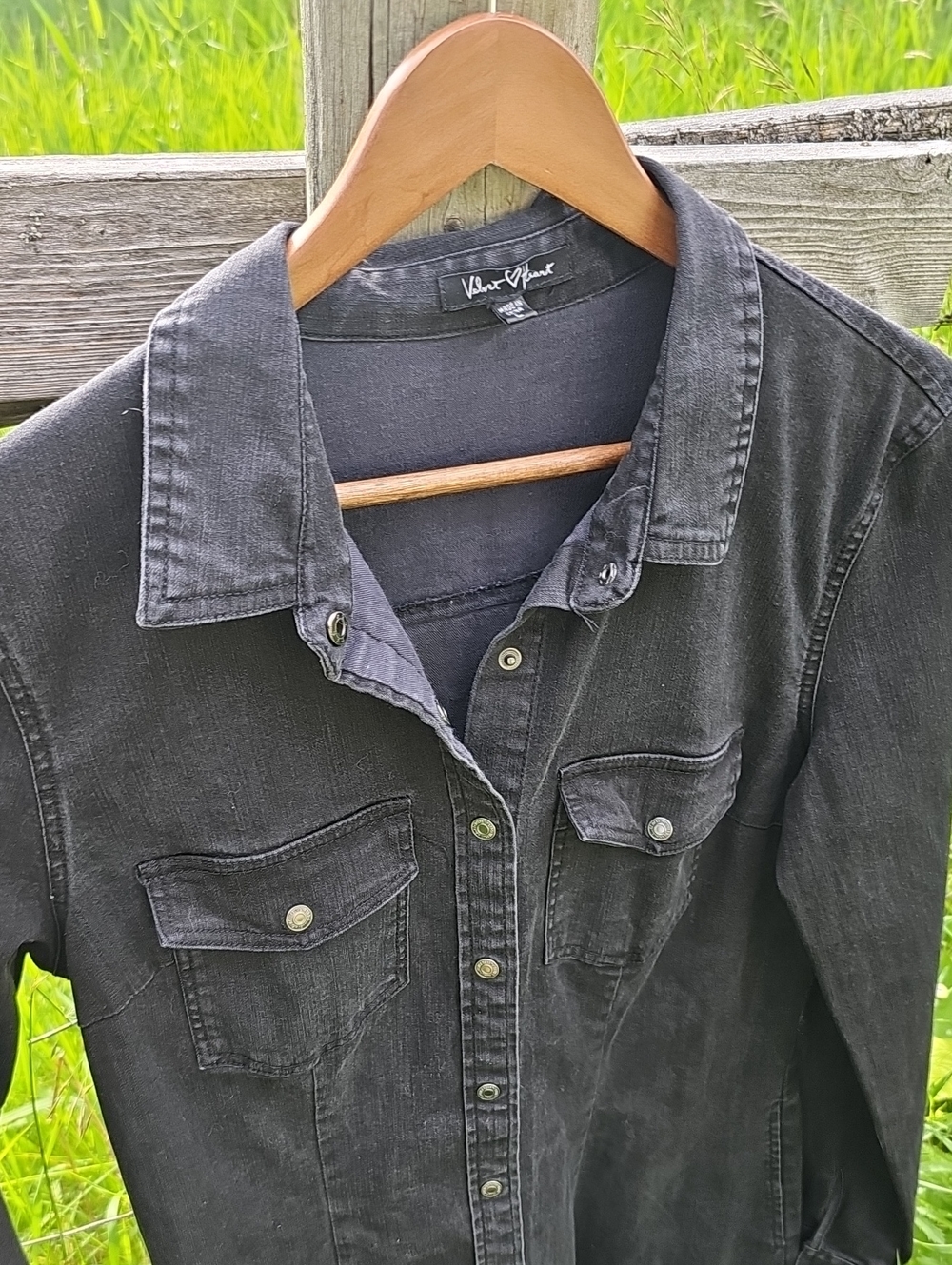 Black Denim Velvet Heart Shirt Dress | Button Front | Long Sleeve | Size L - Picture 6 of 7